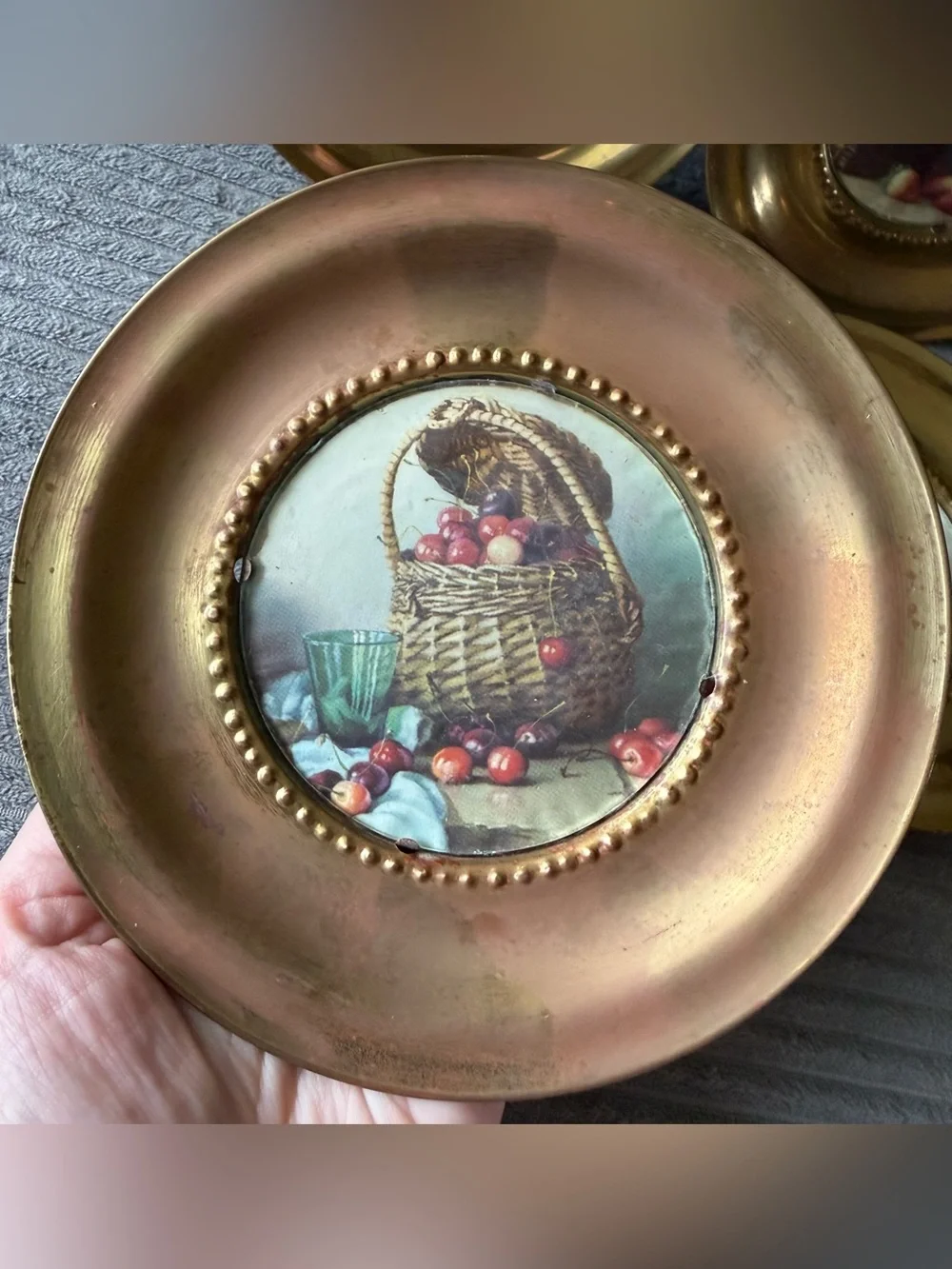 4 VTG Decorative Fruit Basket Wall Plates Mini Still Print Metal Frame England